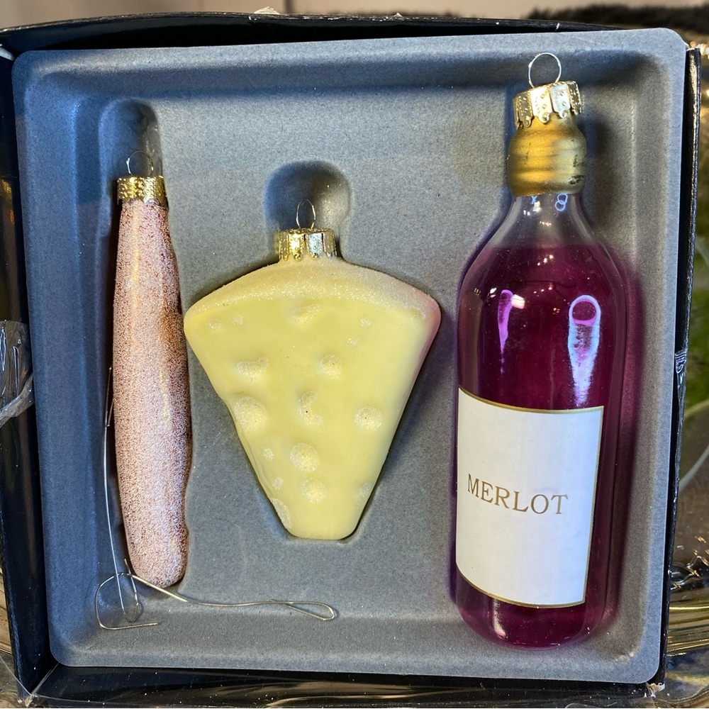 3pc Christmas Gift Ornament Set Glass Wine/Cheese/Baguette